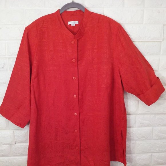 Erin London Top Linen Mandarin Shacket Tunic 2X Textured 3/4 Sleeves Orange - Picture 2 of 11
